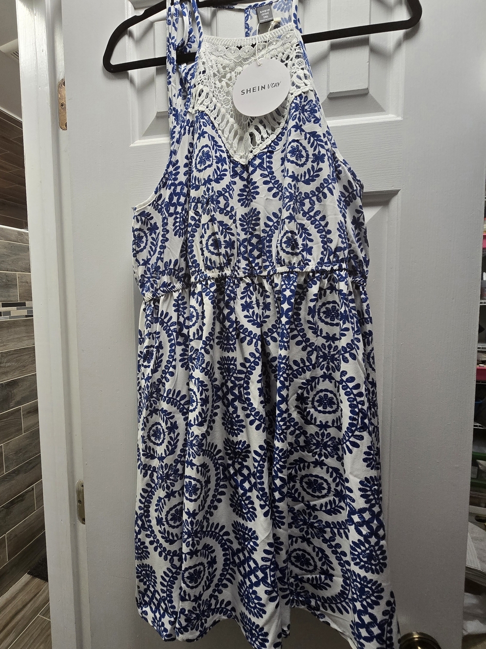 SHEIN VCAY Blue & White Crochet-Trim Halter Dress